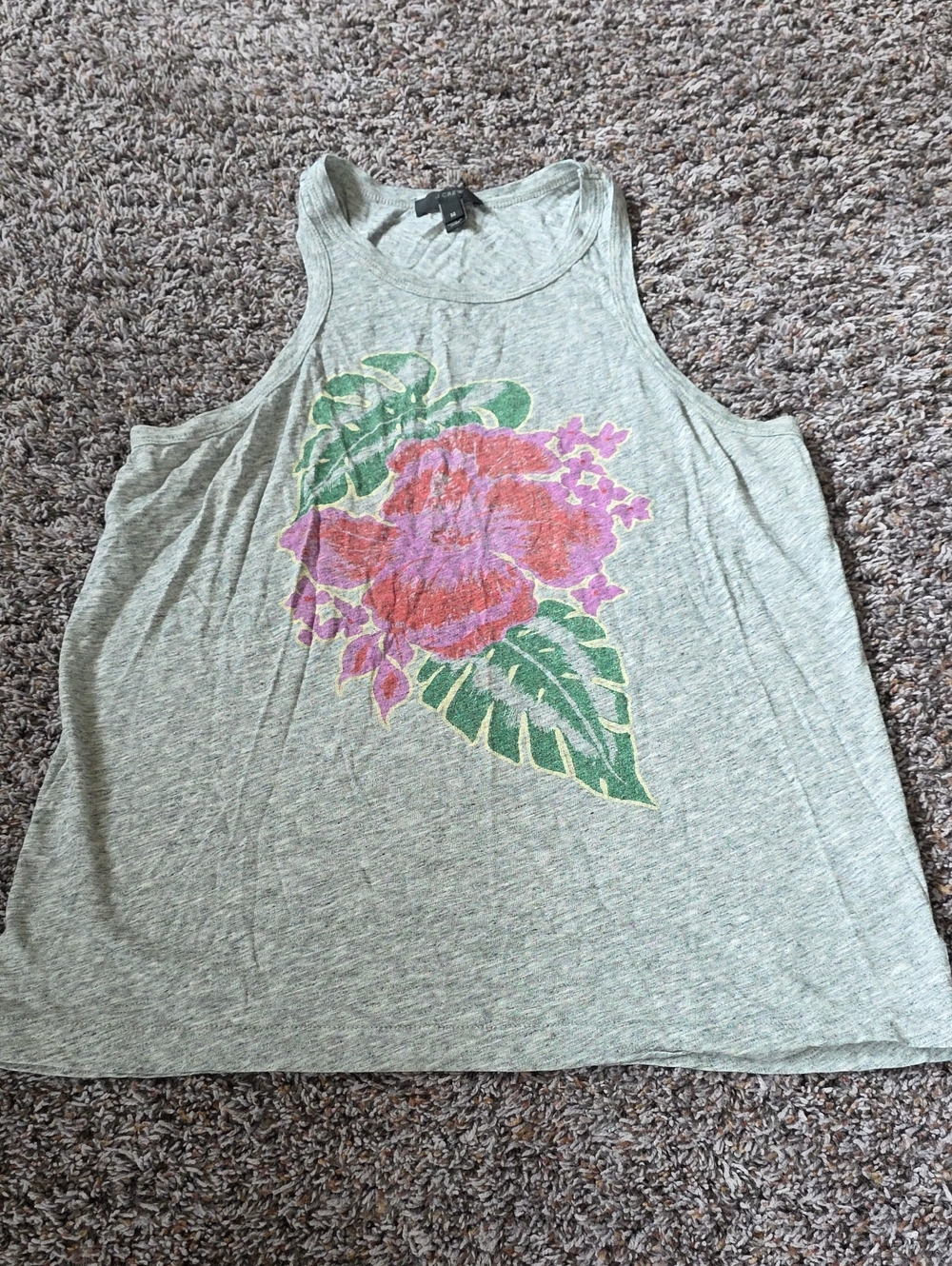 J. Crew Light Gray Tank with Pink and Red Floral Graphic